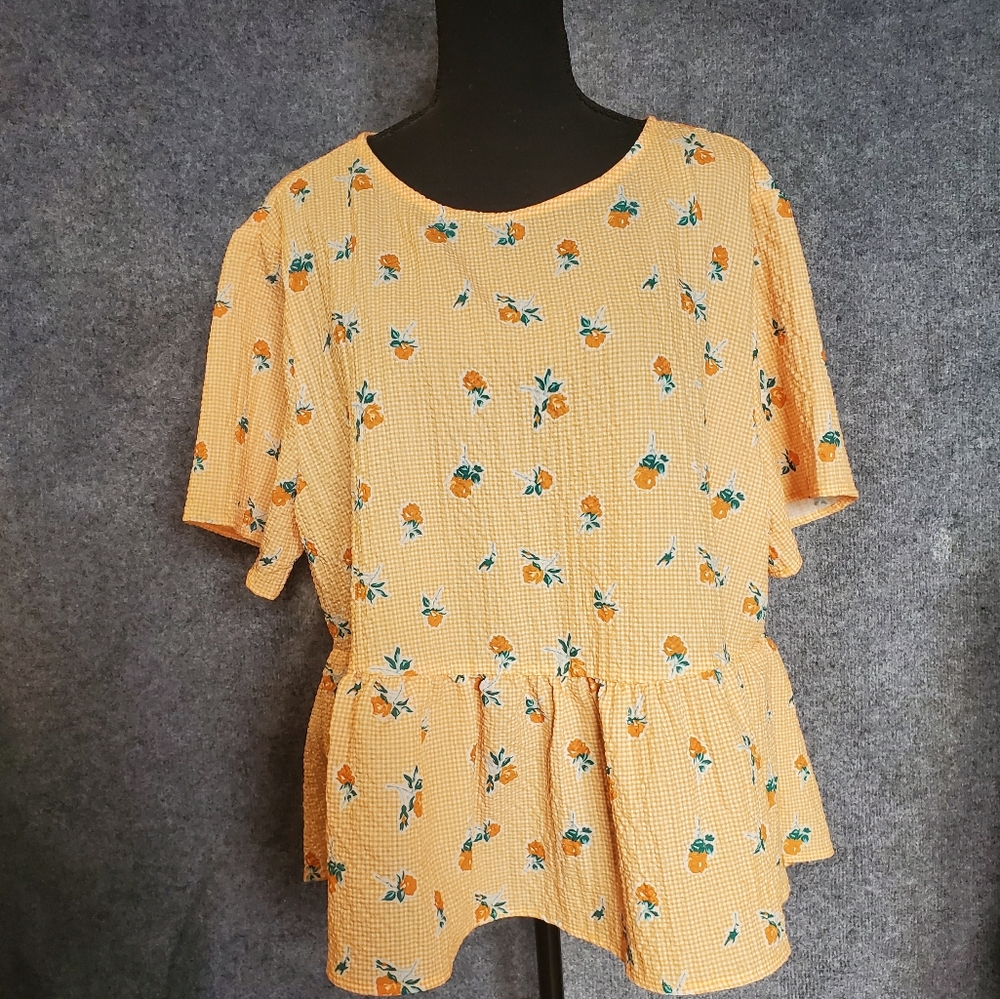 Orange Peplum gingham crinkle texture roses print short sleeves top